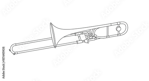 Precise technical line drawing of a musical trombone instrument showing the slide bell and mouthpiece details on white.