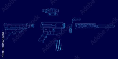 Detailed blueprint of an automatic weapon, disassembled into a technical wireframe set. The diagram clearly labels parts like the barrel, muzzle, and stock on a solid blue background.