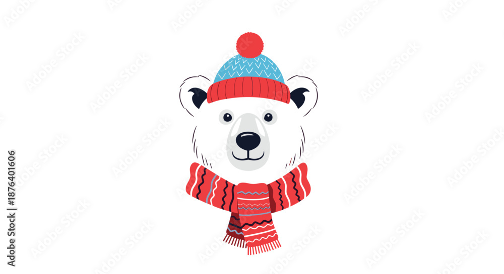 Fototapeta premium Friendly polar bear character wearing a colorful red and blue knitted winter hat with a matching striped scarf for cold weather.
