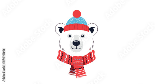Friendly polar bear character wearing a colorful red and blue knitted winter hat with a matching striped scarf for cold weather.