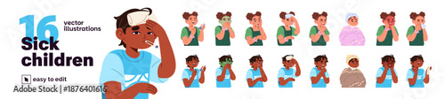 Children are sick set. Kids feel bad and have symptoms of flu, influenza, disease. Ill little boy and girl with cold and fever, cough, ache, pain and vomit. Flat isolated vector illustrations on white
