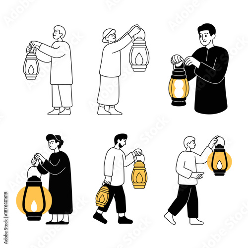 Illuminated Pathway: Various individuals gracefully carry vintage lanterns, embodying a journey guided by the warm, inviting glow. 