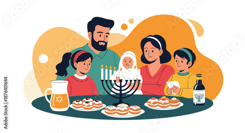 Happy diverse family gathered around a festive table to celebrate Hanukkah with a lit menorah and traditional jewish holiday foods.