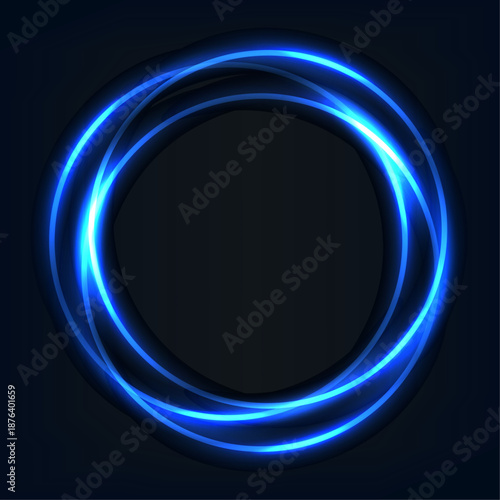 Abstract blue neon glowing light circles and swirls on a dark background. Futuristic energy motion background with luminous orbital rings for modern digital design.