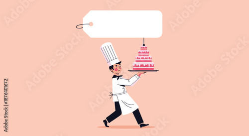 Professional pastry chef in a tall white hat carrying a multi-tiered pink cake with a large blank price tag floating above.