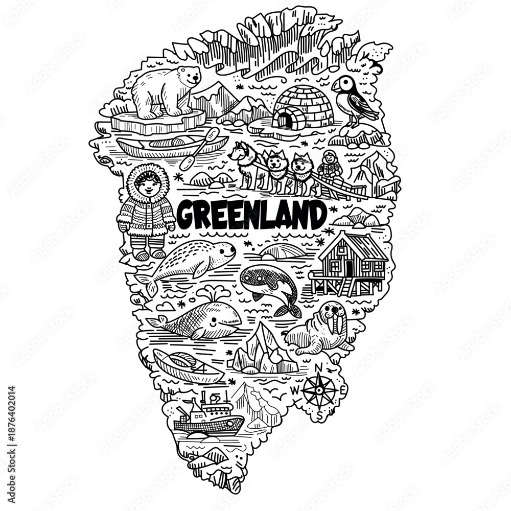 Obraz premium Black and white hand-drawn vector doodle illustration in the shape of a Greenland map with Arctic animals and cultural symbols. Clean line art, high contrast, isolated on white. For print, education, 