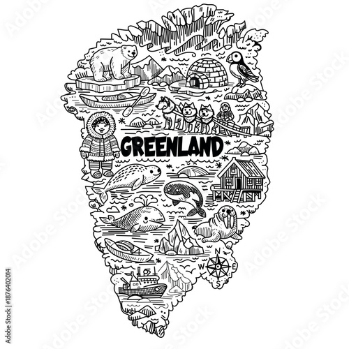 Black and white hand-drawn vector doodle illustration in the shape of a Greenland map with Arctic animals and cultural symbols. Clean line art, high contrast, isolated on white. For print, education, 