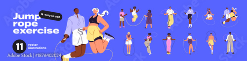 People skipping rope set. Athletes do cardio training. Couples and friends are jumping, having fun together. Happy men and women leap and hop while sports workout. Flat isolated vector illustrations