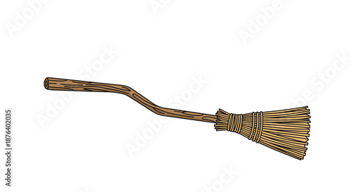 Classic wooden broomstick used by witches or for cleaning tasks shown horizontally with a textured handle and straw bristles.