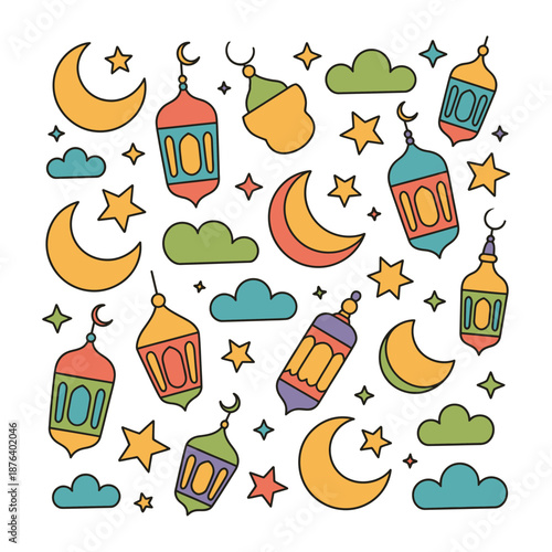 Ramadan Illustration: Festive Ramadan elements, including crescent moons and lanterns, fill the frame with cultural and decorative spirit. A collection of colorful Ramadan-themed illustrations.