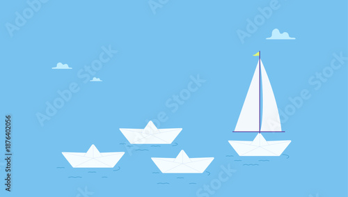 Origami paper boats competition with extra innovative sailing leader. Be different or innovative to win business competition, competitive advantage, leadership or skill to achieve success.
