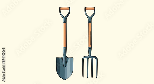 Gardening tools including a metal shovel and a digging fork with wooden handles placed vertically on a light beige background.