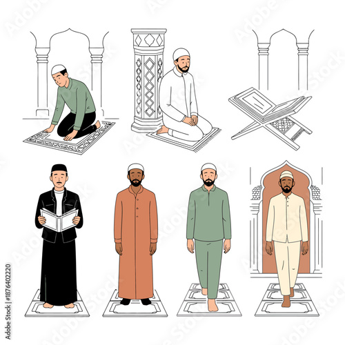 Islamic prayer illustration: A collection of illustrations depict individuals performing Islamic prayer rituals.