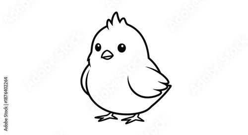 Cute little chick outline drawing in black ink showing a small bird with tiny wings and a beak on a white background.