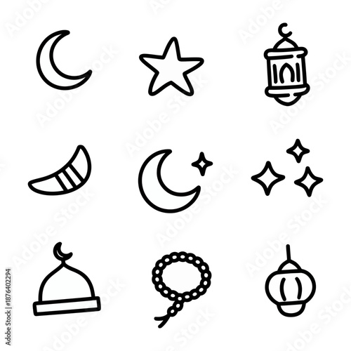 Moon and Star Symbols for Culture and Religion: A collection of simple line-drawn celestial and traditional symbols, representing various facets of culture and spiritual expression.