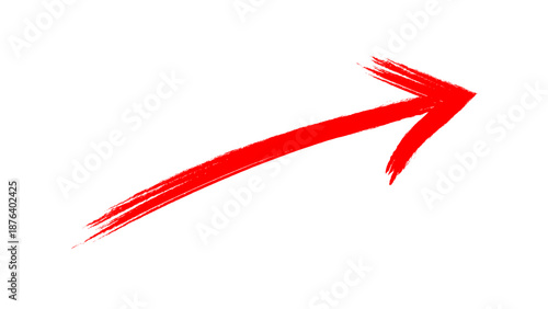Hand-drawn red arrow mark with brush stroke. Grunge style vector pointing bold arrow sign with grainy paint brush effect. Vector illustration.