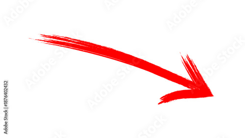 Hand-drawn red arrow mark with brush stroke. Grunge style vector pointing bold arrow sign with grainy paint brush effect. Vector illustration.