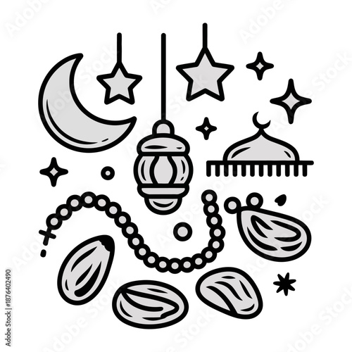 Ramadan Icons: A collection of Ramadan-themed icons, including crescent moon, stars, and lantern, symbolizing the spirituality of the holy month.
