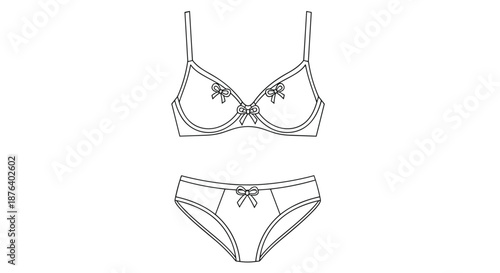 Line drawing of a simple lingerie set featuring a bra and panties decorated with small bows isolated on white.