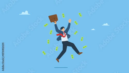 Happy businessman jump high with money rain. Success businessman achieve financial freedom, happy millionaire with plenty of money and wealth, income or salary increase or career opportunity.