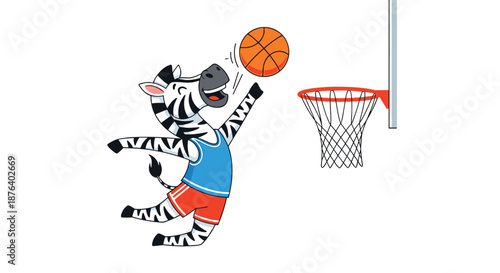 Funny zebra mascot wearing a basketball uniform and jumping to make a slam dunk into a hoop against a white background.