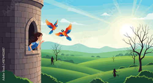 Beautiful princess looking out from a stone tower window at a green landscape with colorful birds during a bright sunrise.