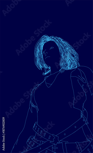 A fashionable girl in a blue dress against a dark blue background