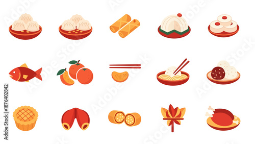Chinese New Year Food Flat Vector Icon Set Traditional Lunar Cuisine