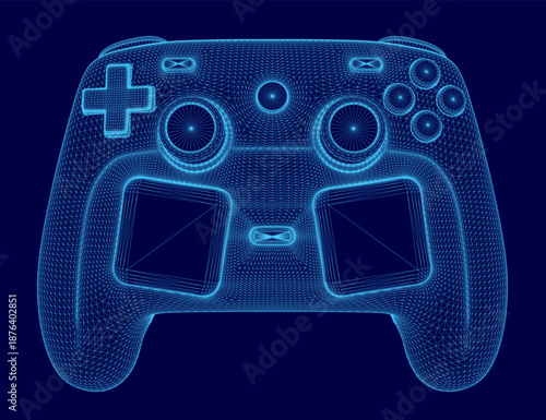 A wireframe video game controller on a dark blue background features a joystick, directional pad, action buttons, and triggers.