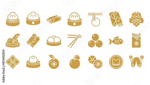 Gold Chinese New Year Food Flat Vector Icon Set Minimal Premium Style