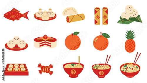 Chinese New Year Food Flat Vector Icon Set Traditional Lunar Cuisine