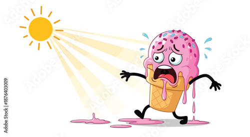 Panicked cartoon strawberry ice cream cone character melting rapidly under the bright rays of a hot summer sun.