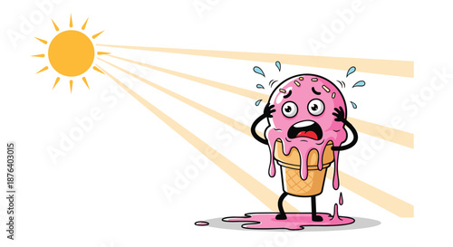Worried pink ice cream cone character with sprinkles melting under the intense heat of a bright yellow sun.