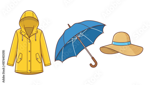 A vibrant yellow raincoat, a classic blue umbrella, and a wide-brimmed straw hat displayed on a white background.