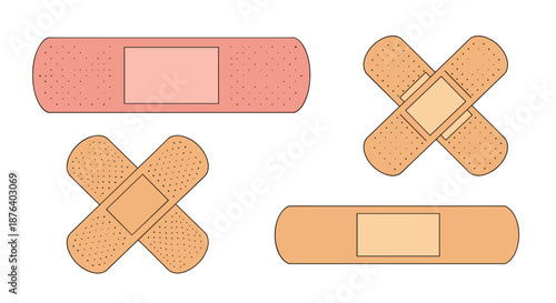 Collection of different adhesive medical bandages and band-aids in various shapes for first aid and wound care.
