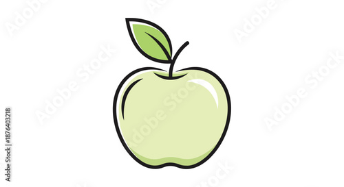 Minimalist illustration of a fresh light green apple with a single dark green leaf and a thick black outline.