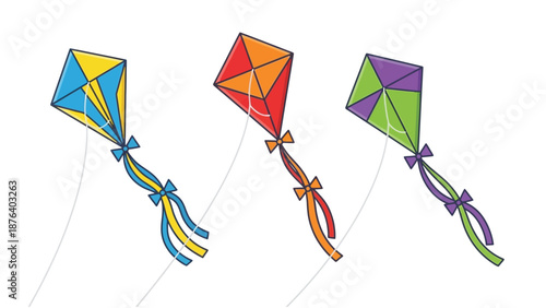Three colorful cartoon kites flying with bows and tails, isolated on a white background, representing fun and leisure activities.