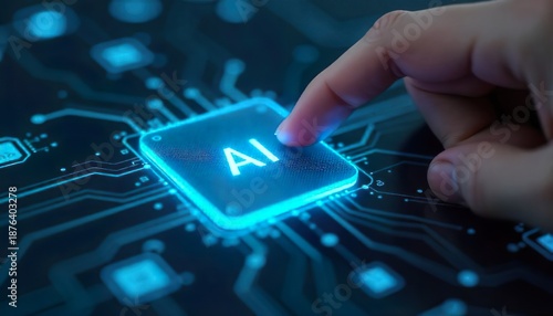 Intelligenza artificiale generativa (AI) che genera documenti di testo e articoli scientifici. Uomo che tocca l’icona AI su una scheda elettronica.