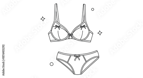Simple black and white outline drawing of a matching bra and panties set with decorative stars and circles.