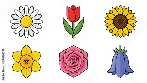Six distinct cartoon flower icons including daisy, tulip, sunflower, daffodil, rose, and bluebell on a white background.