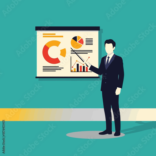 Businessman in a suit presents a graphical analysis on a projector screen in a modern presentation setting with colorful charts and graphs.