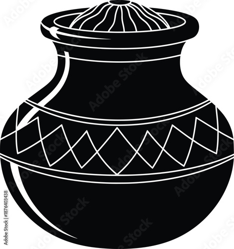 water pot, earthen pot, kalash silhouette on white background