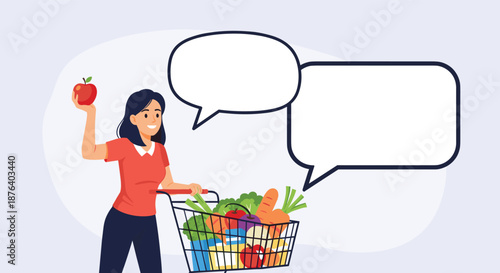 Woman pushing a shopping cart full of healthy vegetables and fruits with speech bubbles above for dialogue.
