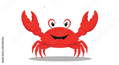 Happy red cartoon crab character with big eyes and a friendly smile raising its claws in a welcoming gesture.