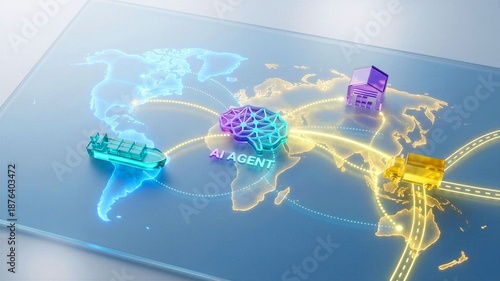 AI agent managing global logistics and supply chain on world map