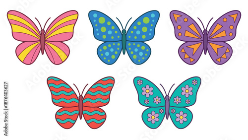 A vibrant collection of five cartoon butterflies with diverse patterns and bright colors, suitable for children's designs.