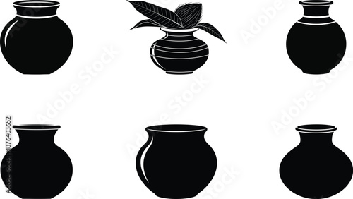 water pot, earthen pot, kalash silhouette on white background