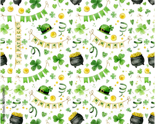 Watercolor St Patrick’s Day Seamless Pattern with Clover and Gold Coins 