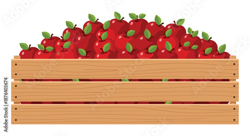Rectangular wooden crate filled with an abundance of fresh red apples with green leaves on a white background.