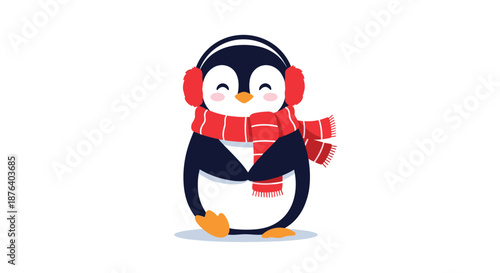 Joyful cartoon penguin wearing red earmuffs and a matching striped scarf standing happily in a winter setting.